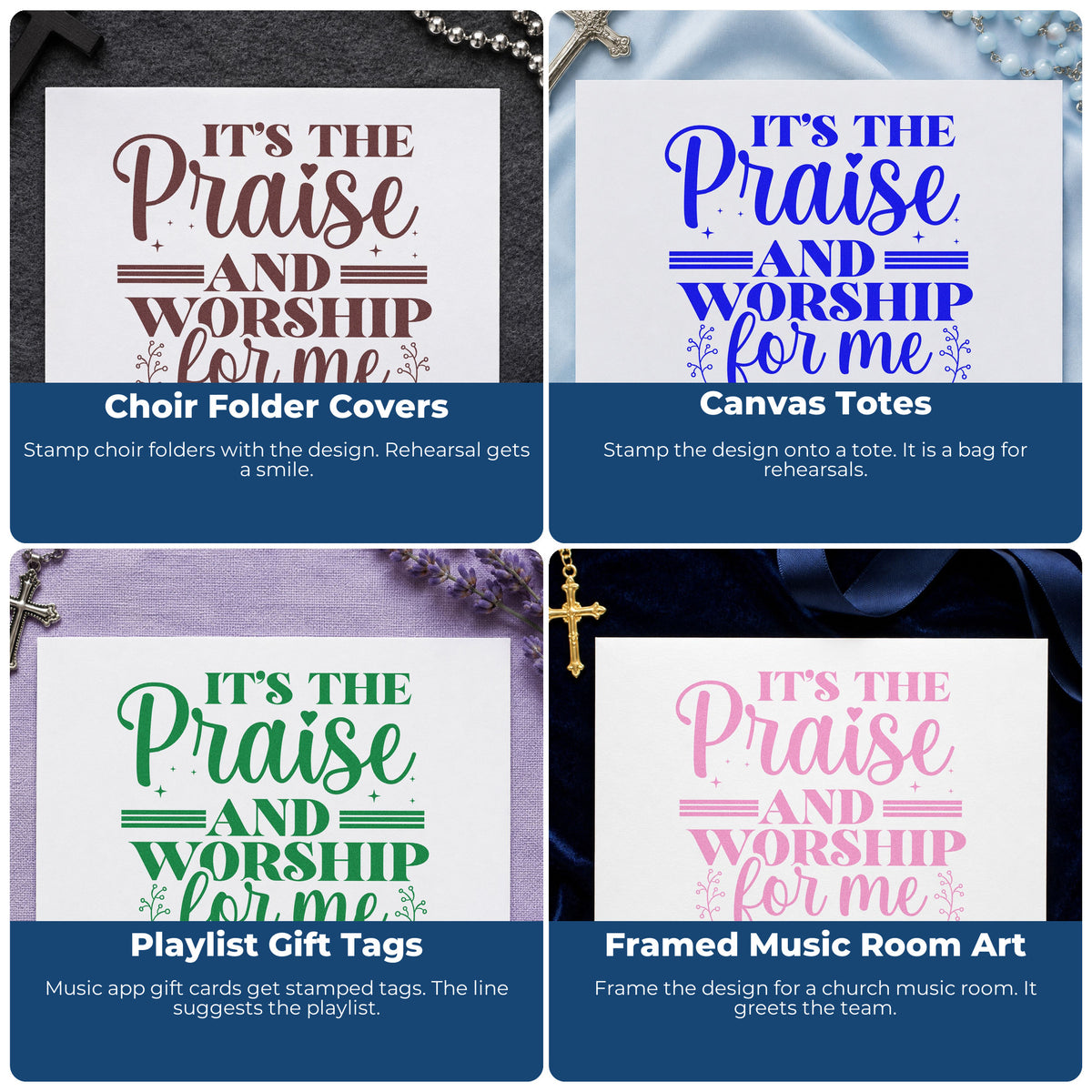 Four ways to use the It's The Praise And Worship For Me Hand Stamp – Duo: choir folder covers, canvas totes, playlist gift tags and framed music room art.