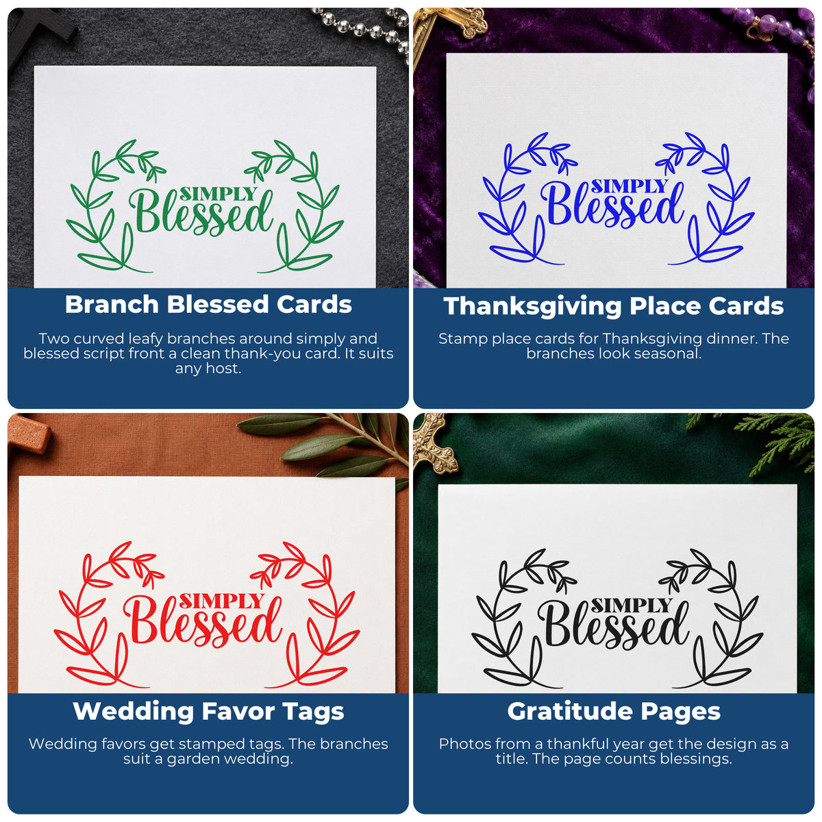 Four ways to use the Simply Blessed Leaf Wreath Leafy Branches Stamp – Wood Handle: branch blessed cards, thanksgiving place cards, wedding favor tags and gratitude pages.