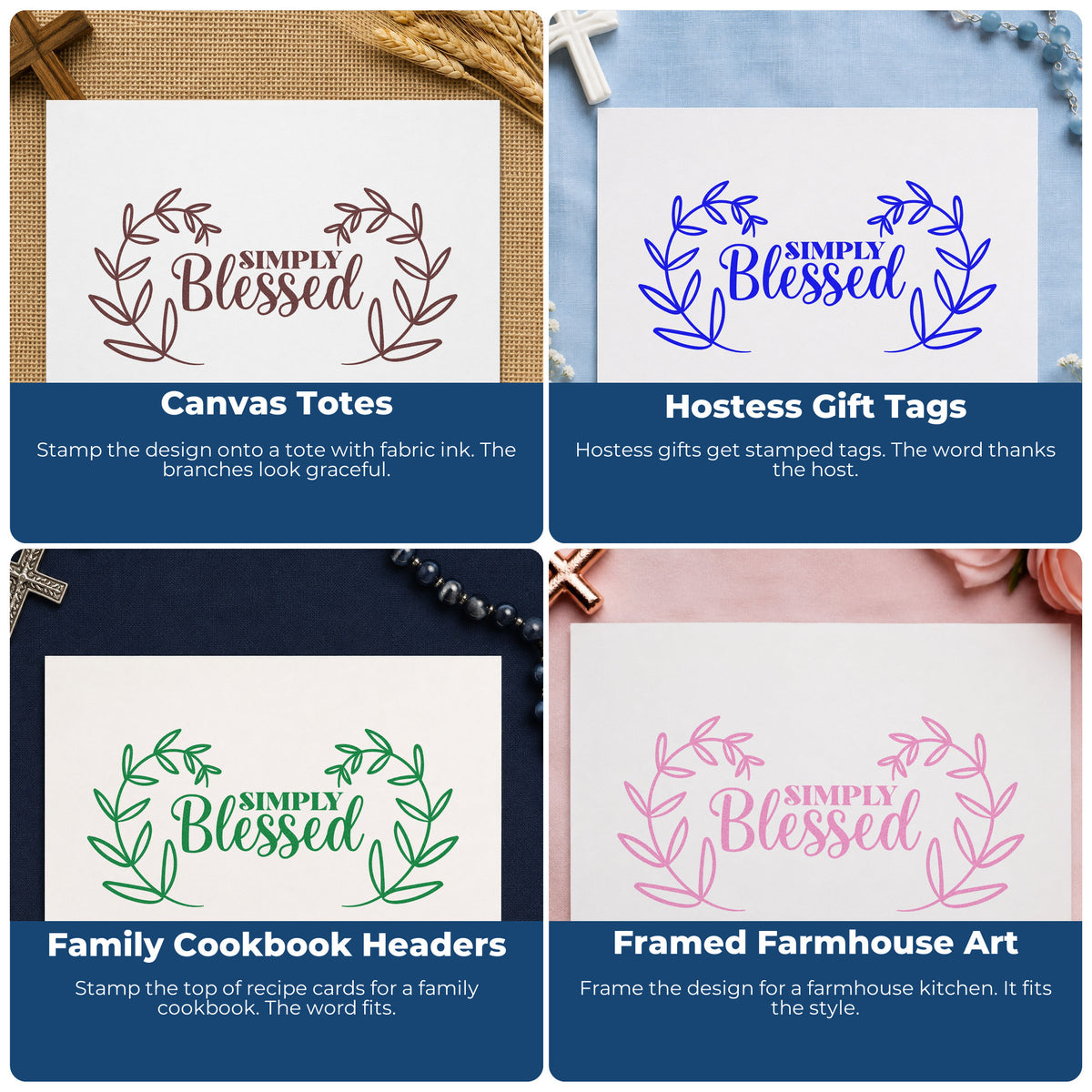Four ways to use the Simply Blessed Leaf Wreath Leafy Branches Stamp – Wood Handle: canvas totes, hostess gift tags, family cookbook headers and framed farmhouse art.