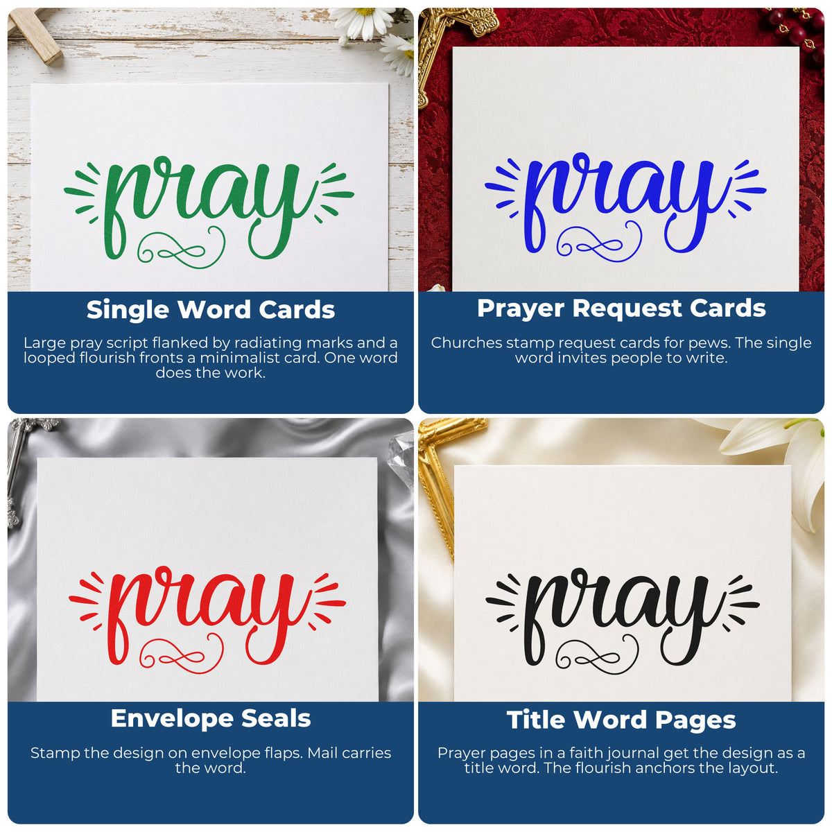 Four ways to use the Pray Radiating Script Rubber Stamp – Wood Handle: single word cards, prayer request cards, envelope seals and title word pages.