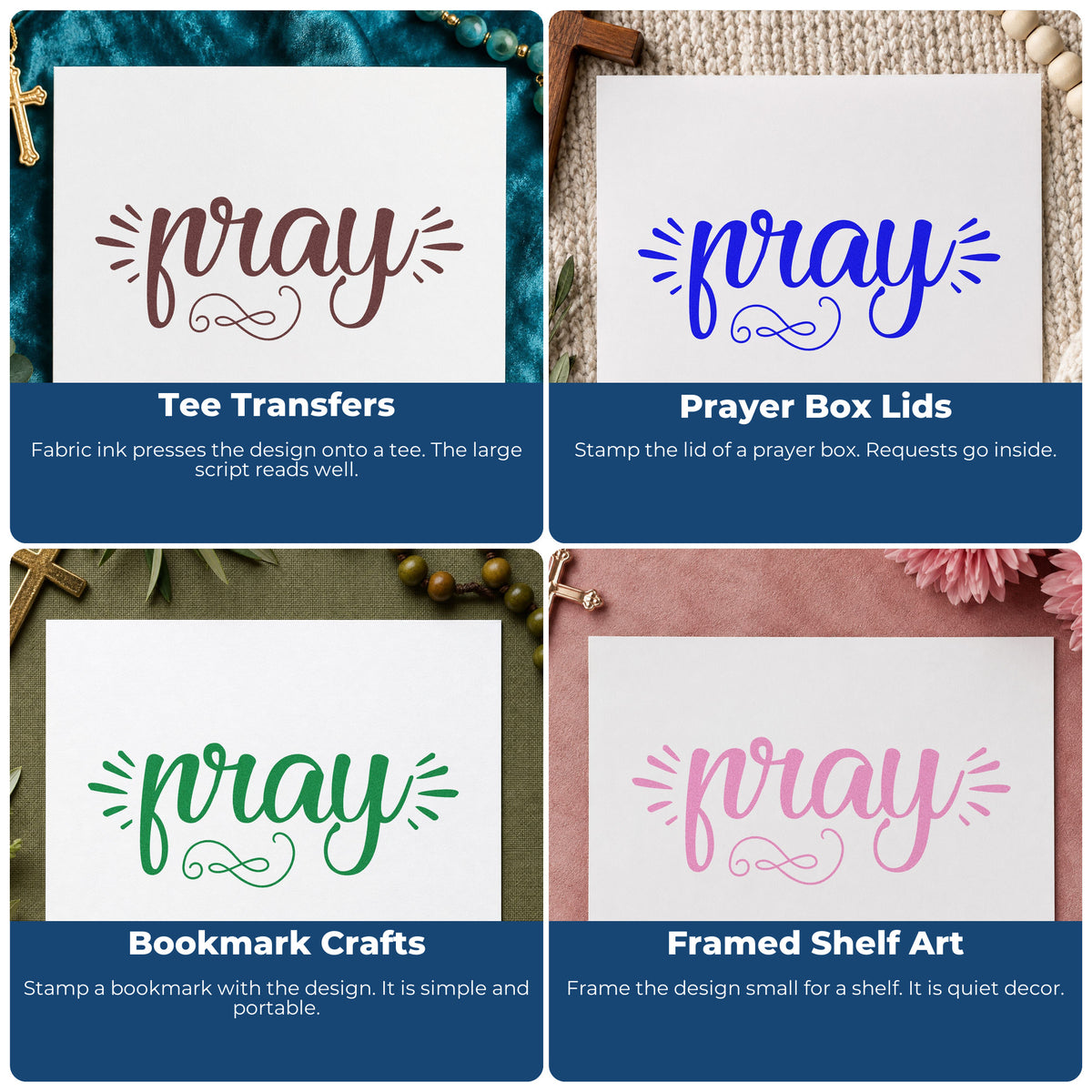 Four ways to use the Pray Radiating Script Rubber Stamp – Wood Handle: tee transfers, prayer box lids, bookmark crafts and framed shelf art.
