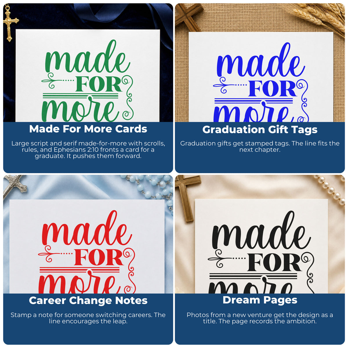 Four ways to use the Made For More Scrollwork Wood Handle Stamp: made for more cards, graduation gift tags, career change notes and dream pages.