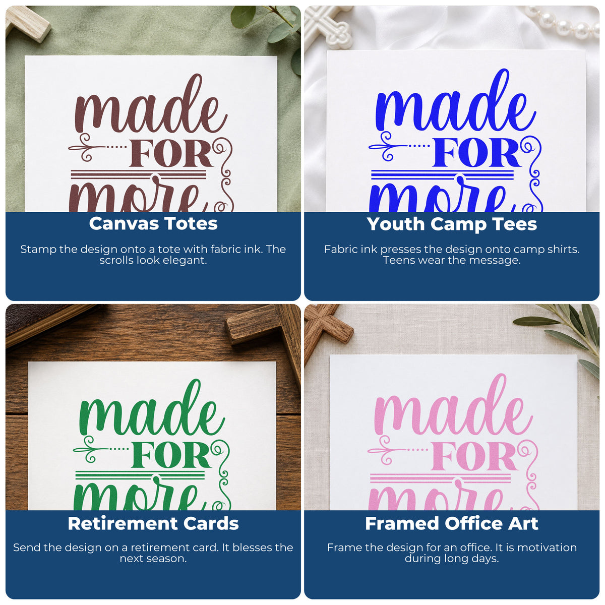 Four ways to use the Made For More Scrollwork Wood Handle Stamp: canvas totes, youth camp tees, retirement cards and framed office art.