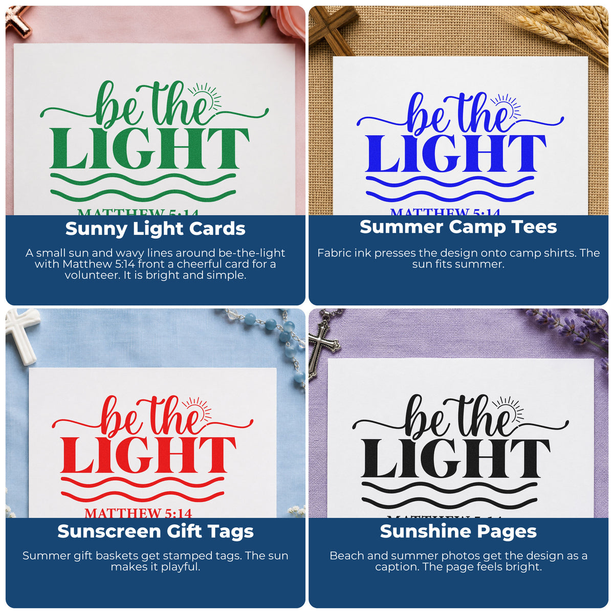 Four ways to use the Be The Light Wavy Lettering Self-Inking Stamp: sunny light cards, summer camp tees, sunscreen gift tags and sunshine pages.