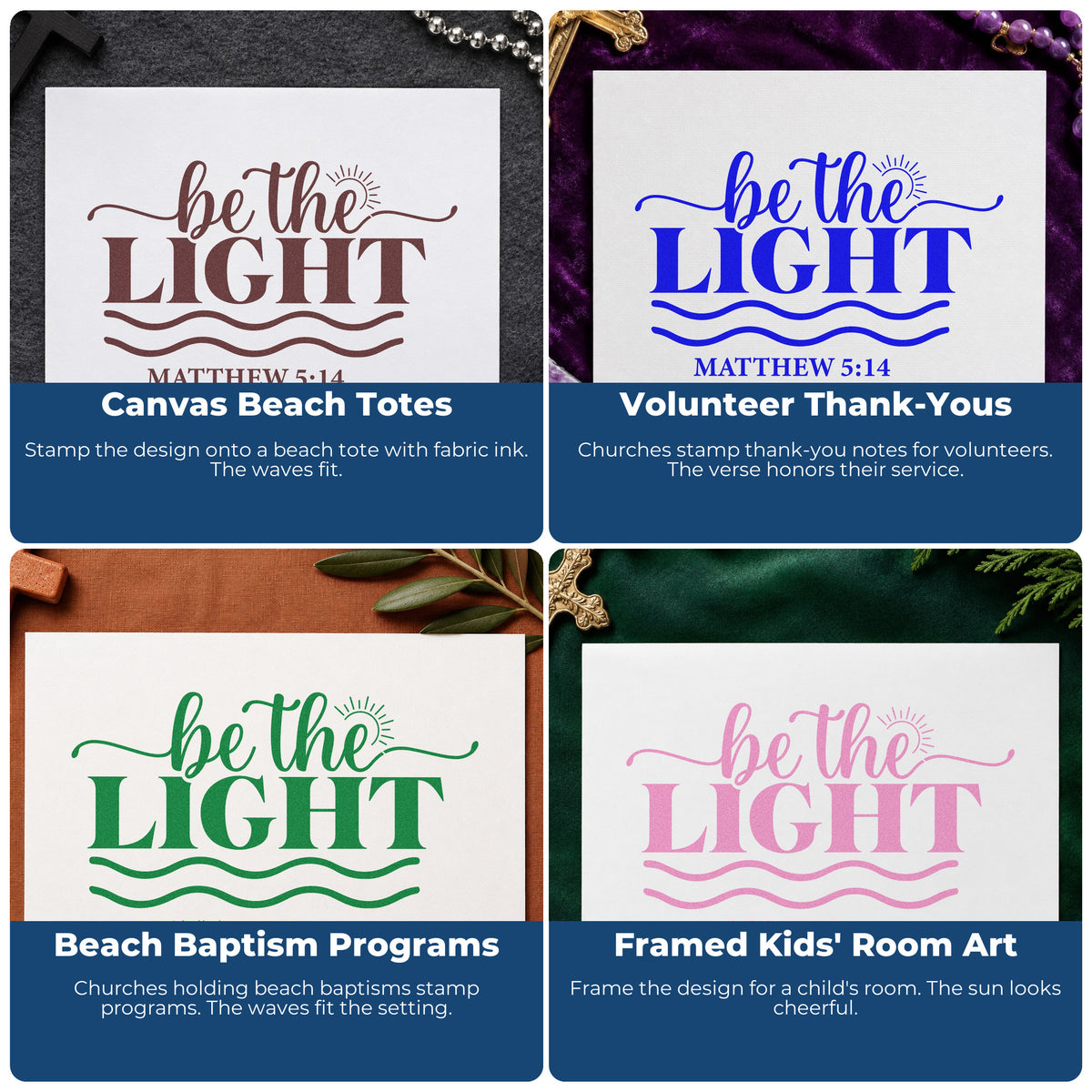 Four ways to use the Be The Light Wavy Lettering Self-Inking Stamp: canvas beach totes, volunteer thank-yous, beach baptism programs and framed kids' room art.