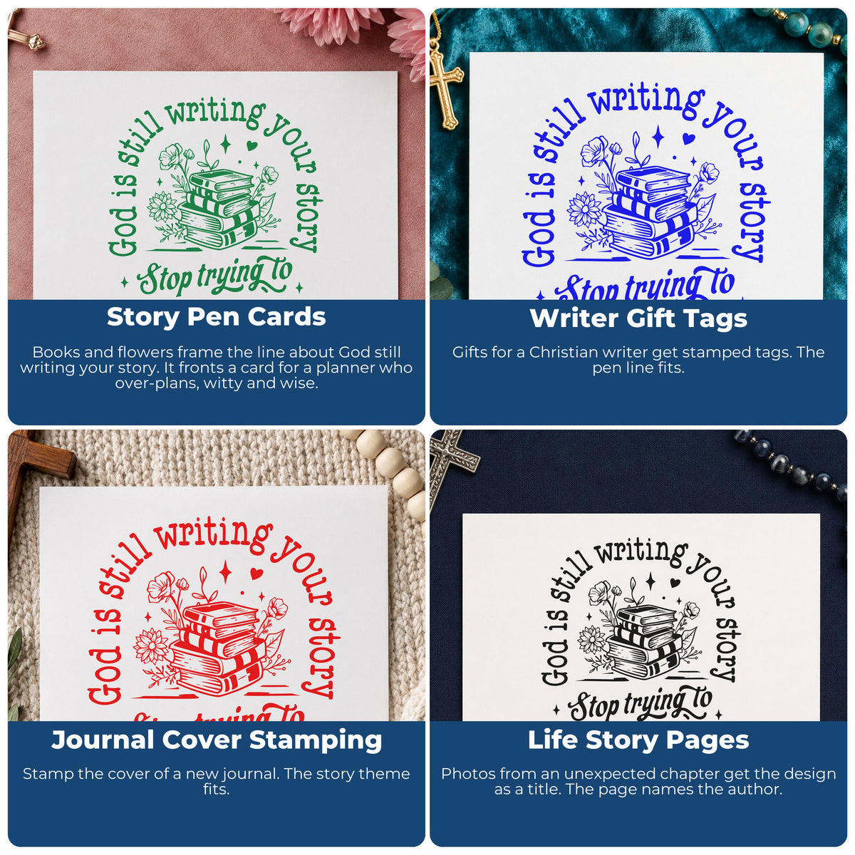 Four ways to use the God Is Writing Your Story Books Floral Accents Stamp - Premium Vintage Pro Wooden: story pen cards, writer gift tags, journal cover stamping and life story pages.