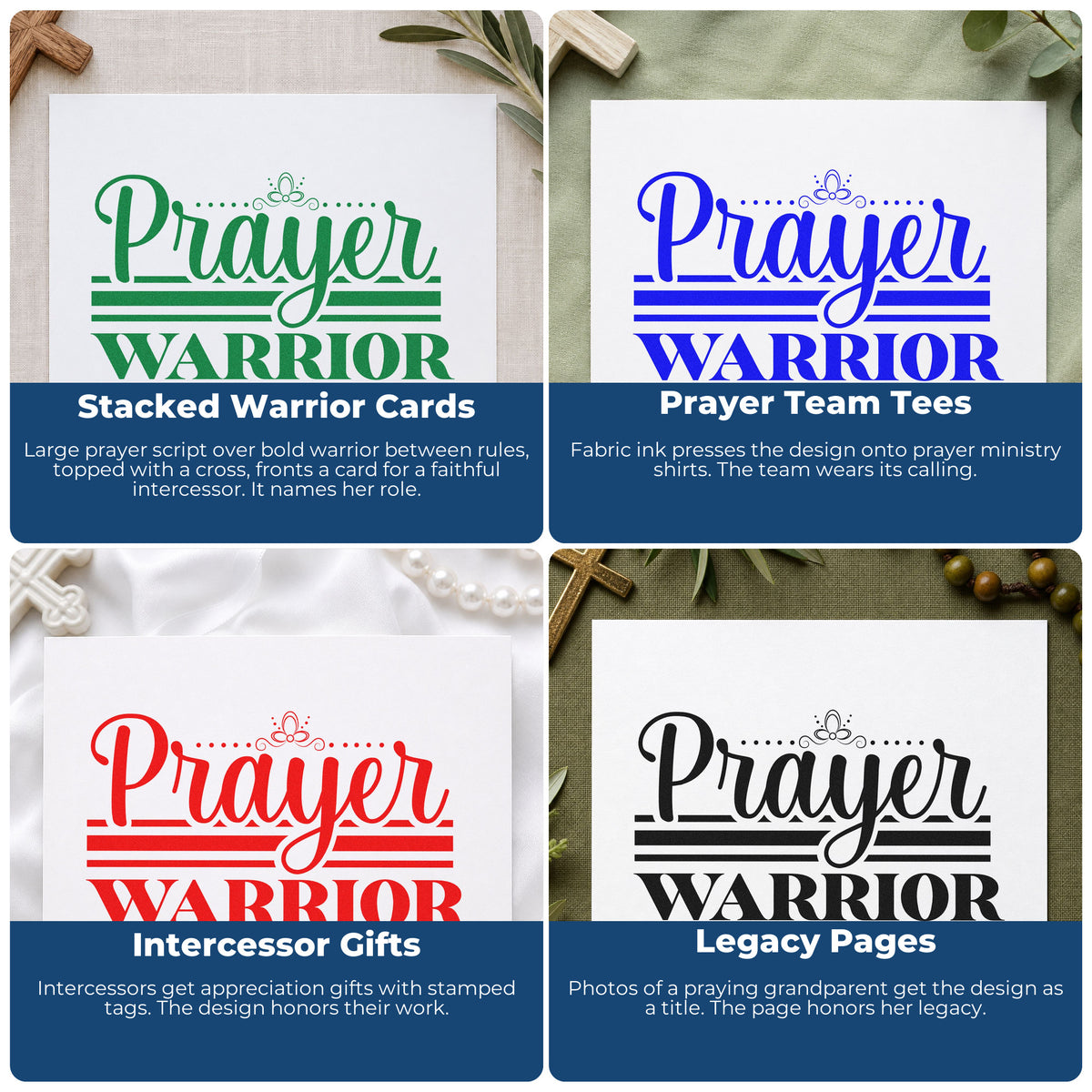 Four ways to use the Wood Handle Prayer Warrior Flourish Rubber Stamp: stacked warrior cards, prayer team tees, intercessor gifts and legacy pages.