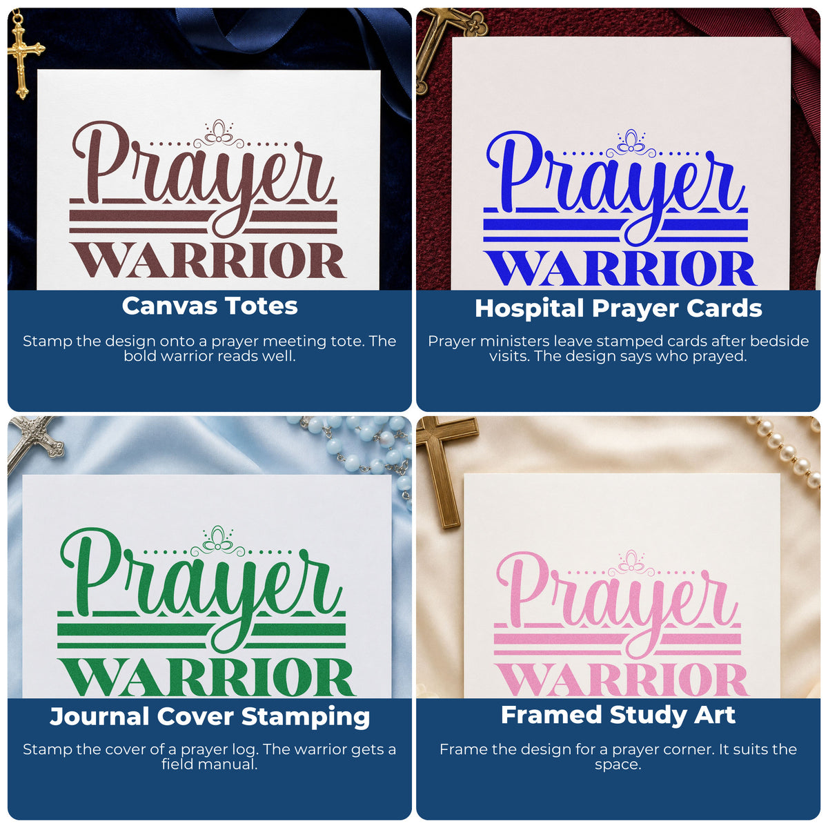 Four ways to use the Prayer Warrior Flourish Rubber Stamp – Duo Hand: canvas totes, hospital prayer cards, journal cover stamping and framed study art.