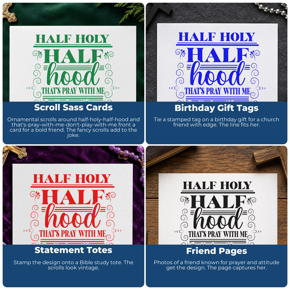 Four ways to use the Duo Hand Half Holy Half Hood Scrolls Frame Accent Rubber Stamp: scroll sass cards, birthday gift tags, statement totes and friend pages.