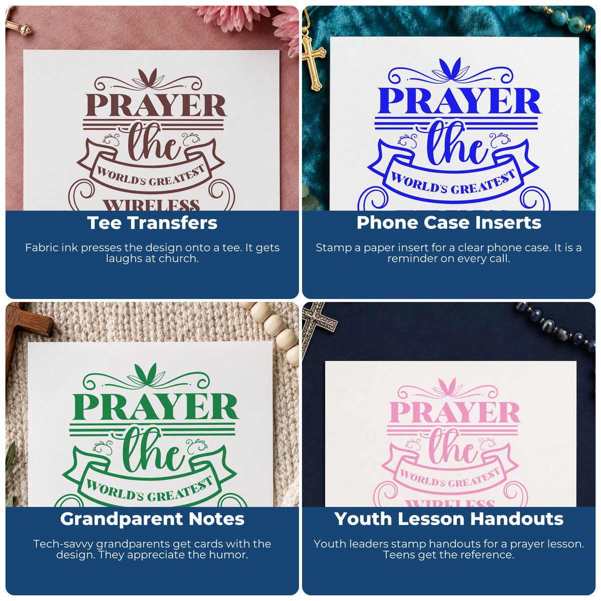 Four ways to use the Prayer Wireless Ribbon Stamp – Slim Pre-Inked: tee transfers, phone case inserts, grandparent notes and youth lesson handouts.