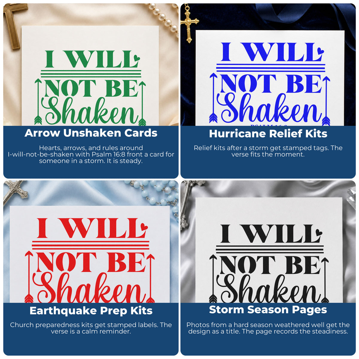Four ways to use the I Will Not Be Shaken Arrows With Hearts Wood Handle Stamp: arrow unshaken cards, hurricane relief kits, earthquake prep kits and storm season pages.