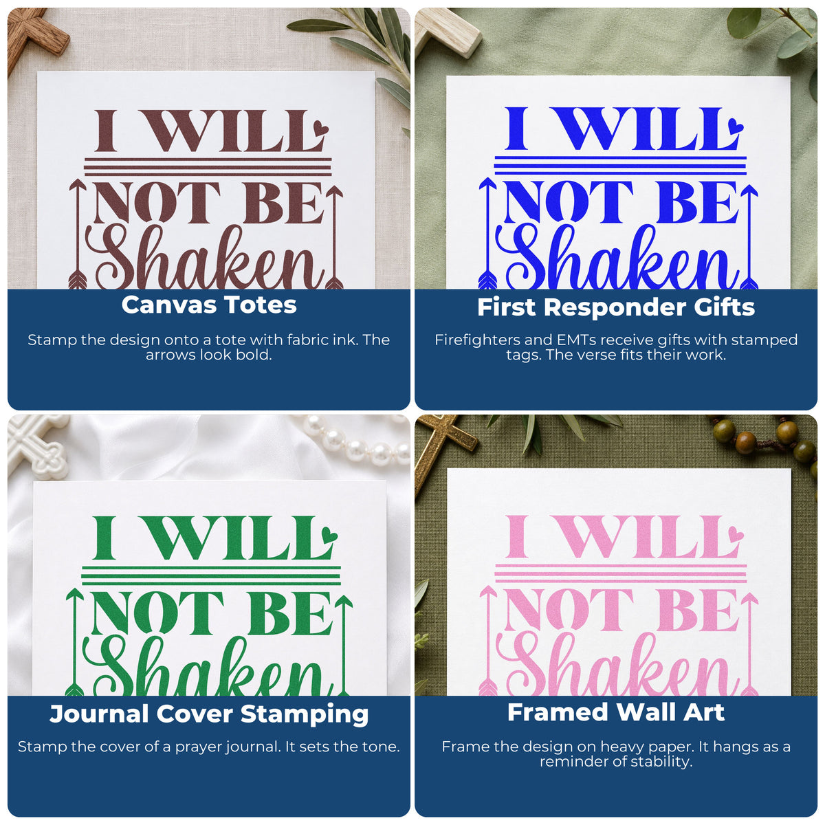 Four ways to use the I Will Not Be Shaken Arrows With Hearts Wood Handle Stamp: canvas totes, first responder gifts, journal cover stamping and framed wall art.