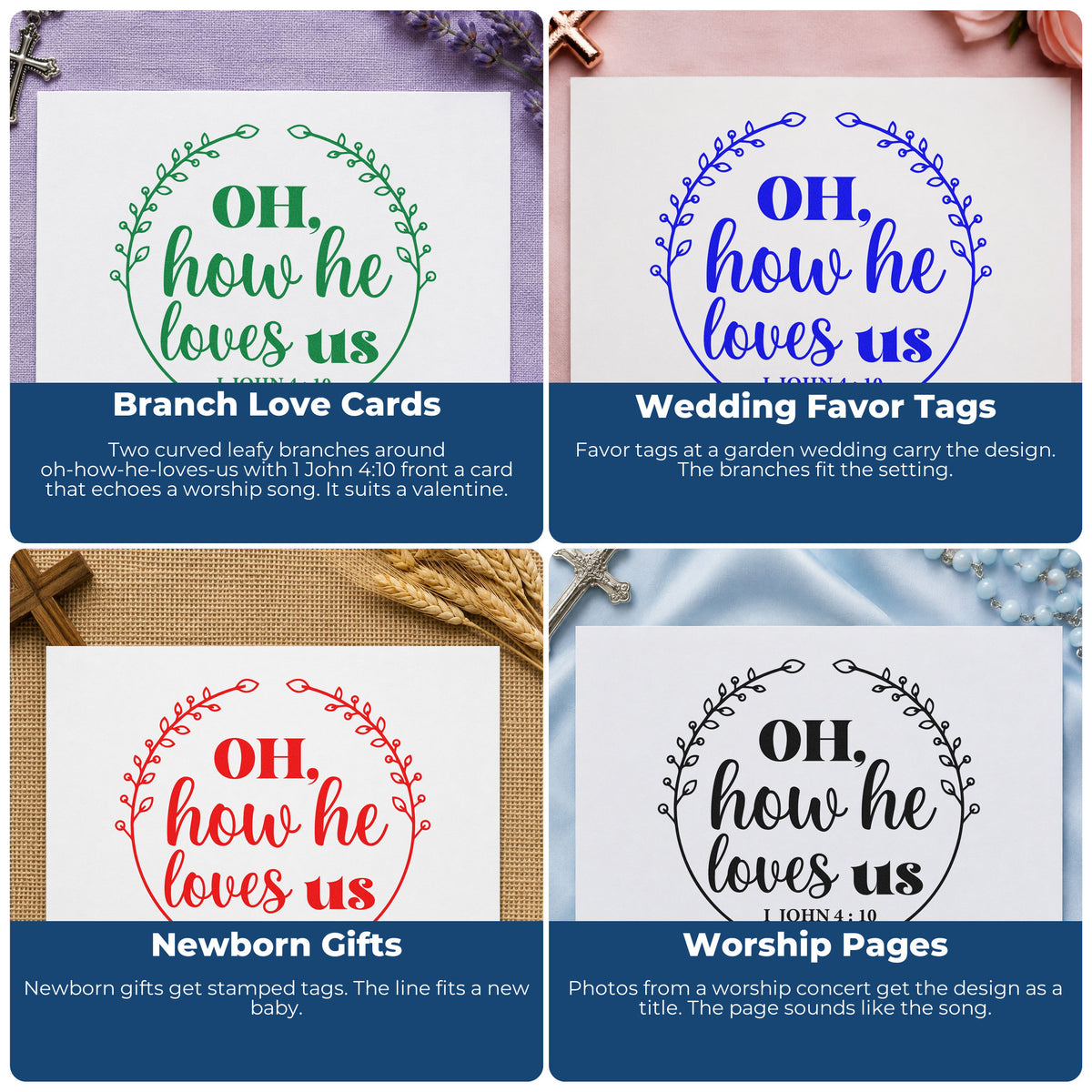 Four ways to use the How He Loves Us Wreath Pre-Inked Stamp – Slim: branch love cards, wedding favor tags, newborn gifts and worship pages.