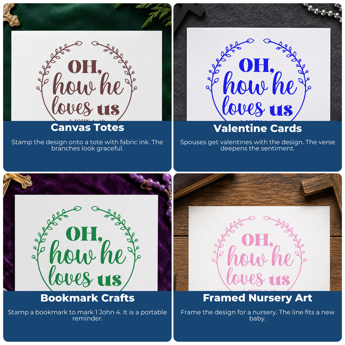 Four ways to use the How He Loves Us Wreath Hand Stamp – Duo: canvas totes, valentine cards, bookmark crafts and framed nursery art.