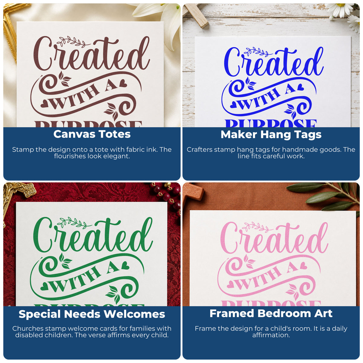 Four ways to use the Created With A Purpose Flourish Detail Stamp – Wood Handle: canvas totes, maker hang tags, special needs welcomes and framed bedroom art.