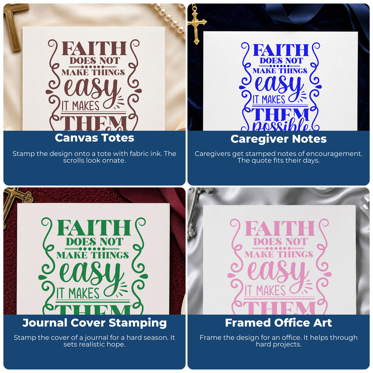 Four ways to use the Faith Makes Possible Scrolls Rubber Stamp – Wood Handle: canvas totes, caregiver notes, journal cover stamping and framed office art.