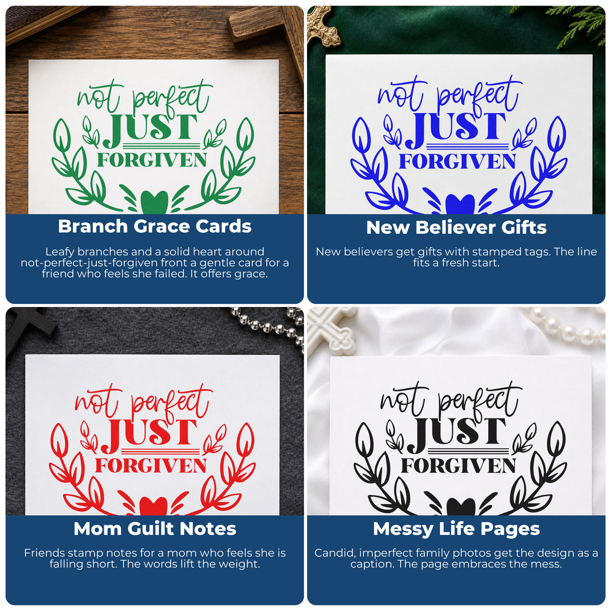 Four ways to use the Not Perfect, Just Forgiven Leafy Branches Wood Handle Stamp: branch grace cards, new believer gifts, mom guilt notes and messy life pages.