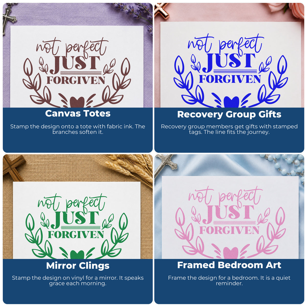 Four ways to use the Not Perfect, Just Forgiven Leafy Branches Wood Handle Stamp: canvas totes, recovery group gifts, mirror clings and framed bedroom art.