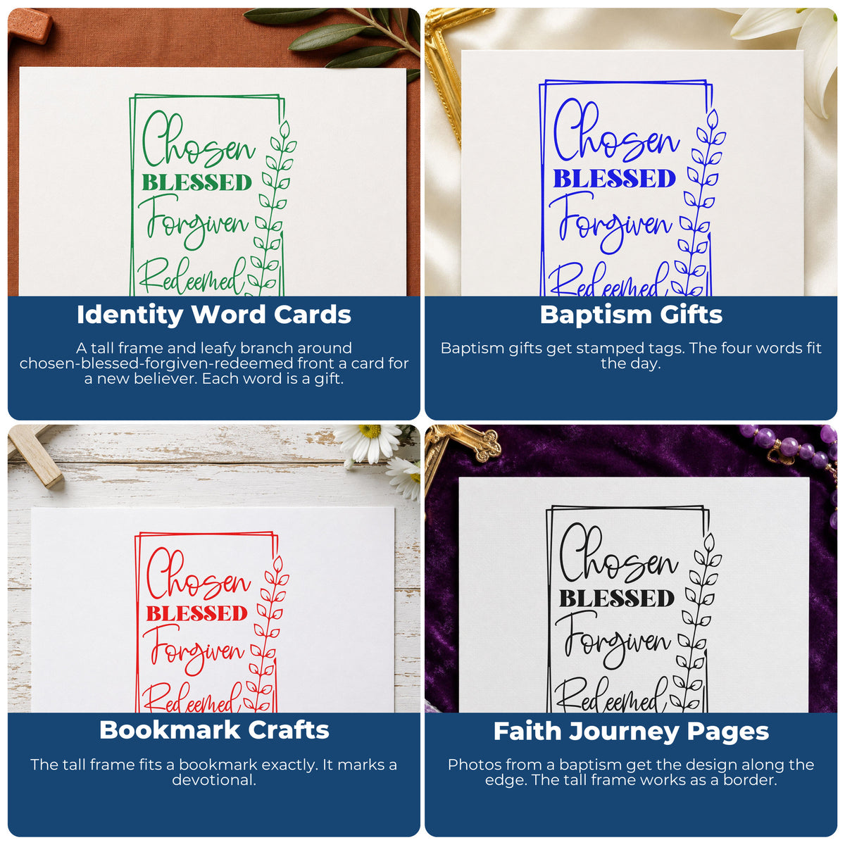 Four ways to use the Chosen Blessed Forgiven Redeemed PSI Pre-Inked Stamp: identity word cards, baptism gifts, bookmark crafts and faith journey pages.