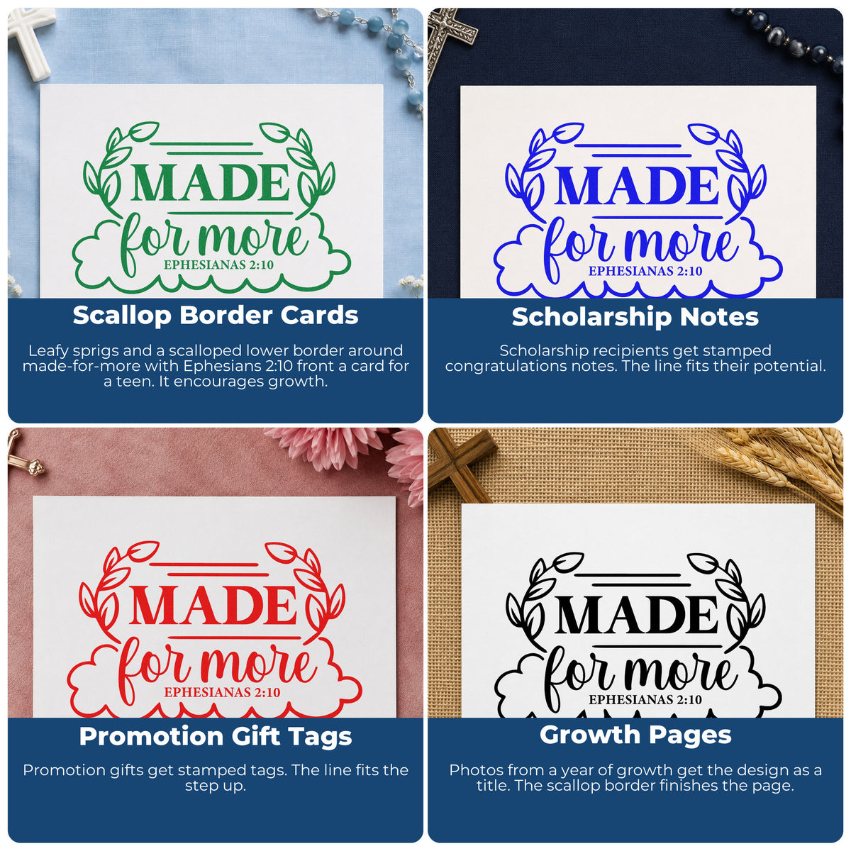 Four ways to use the Made For More Leaf Framed Lettering Self-Inking Stamp: scallop border cards, scholarship notes, promotion gift tags and growth pages.