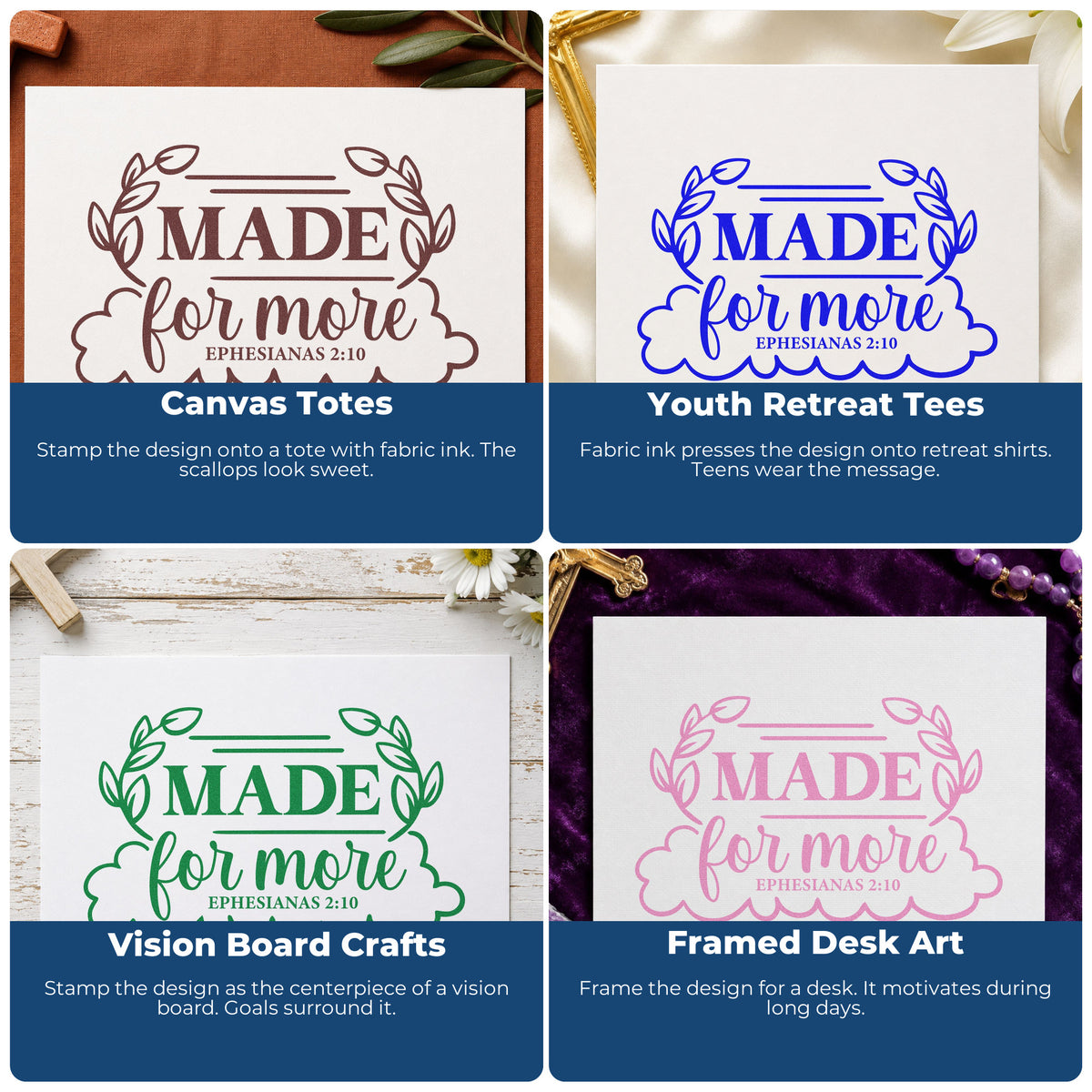 Four ways to use the Made For More Leaf Framed Lettering Self-Inking Stamp: canvas totes, youth retreat tees, vision board crafts and framed desk art.