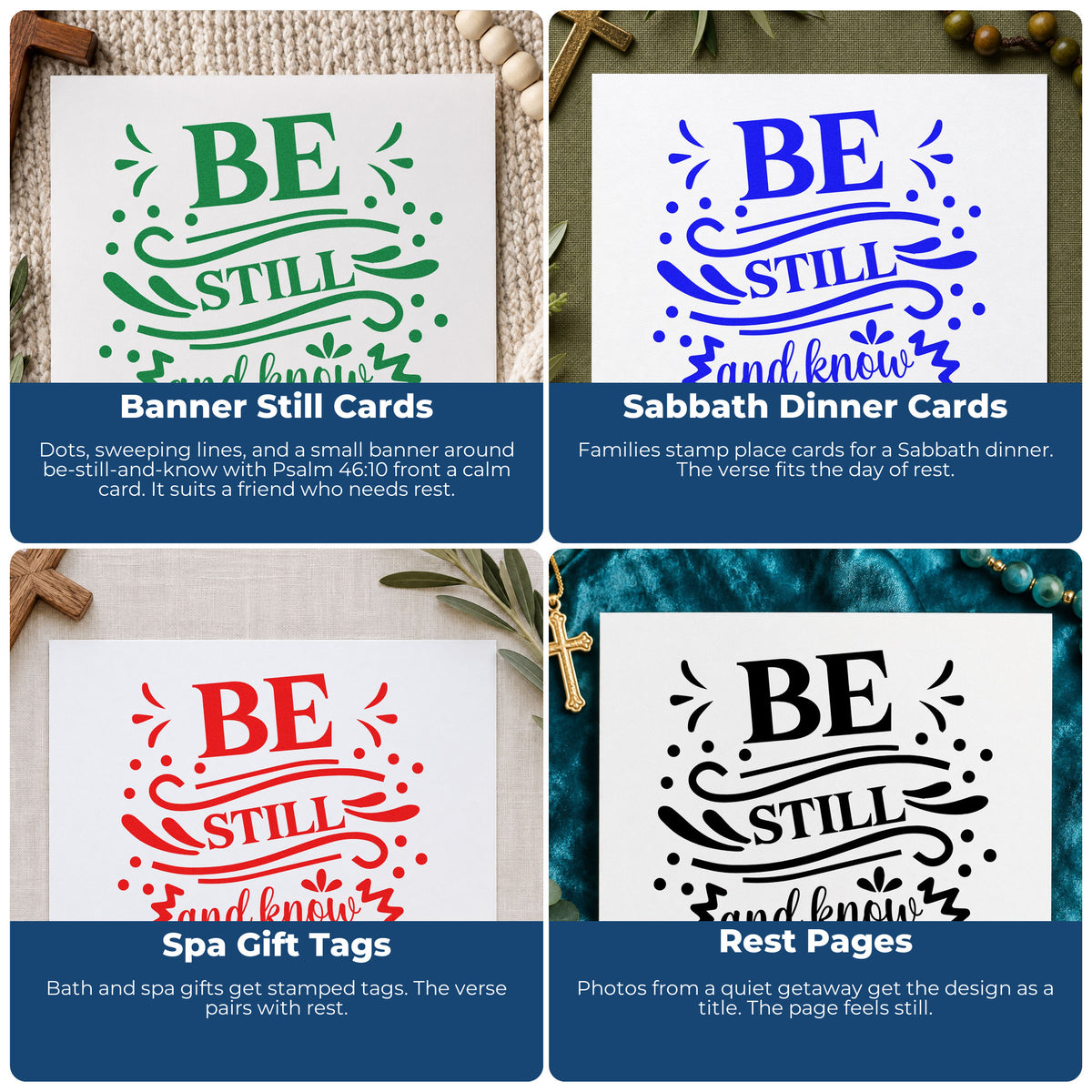 Four ways to use the Be Still And Know Flourishes Stamp – Self-Inking: banner still cards, sabbath dinner cards, spa gift tags and rest pages.