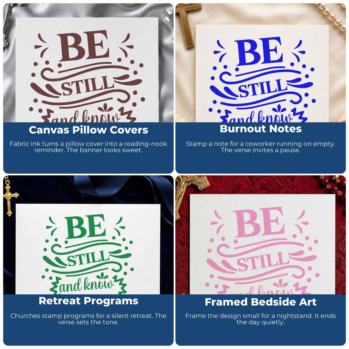 Four ways to use the Be Still And Know Flourishes Stamp – Self-Inking: canvas pillow covers, burnout notes, retreat programs and framed bedside art.