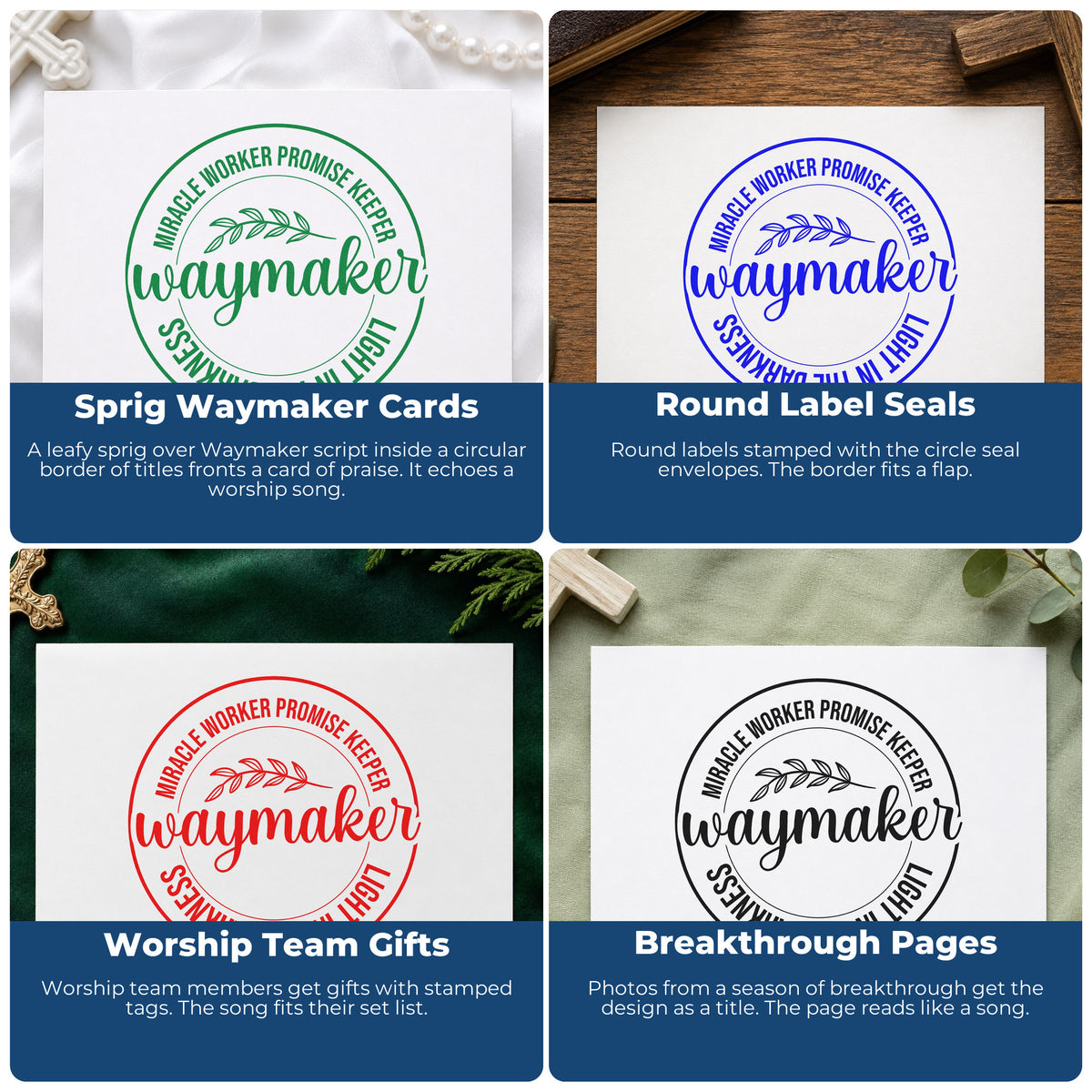 Four ways to use the Waymaker Leaf Emblem Wood Handle Stamp: sprig waymaker cards, round label seals, worship team gifts and breakthrough pages.