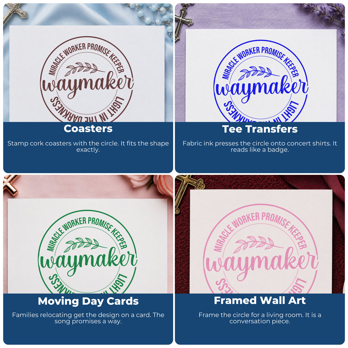 Four ways to use the Waymaker Leaf Emblem Wood Handle Stamp: coasters, tee transfers, moving day cards and framed wall art.