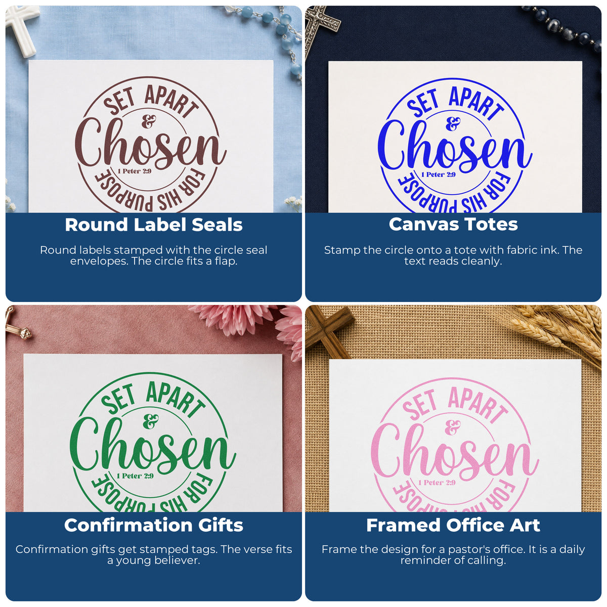 Four ways to use the Set Apart & Chosen For His Purpose Hand Stamp – Duo: round label seals, canvas totes, confirmation gifts and framed office art.