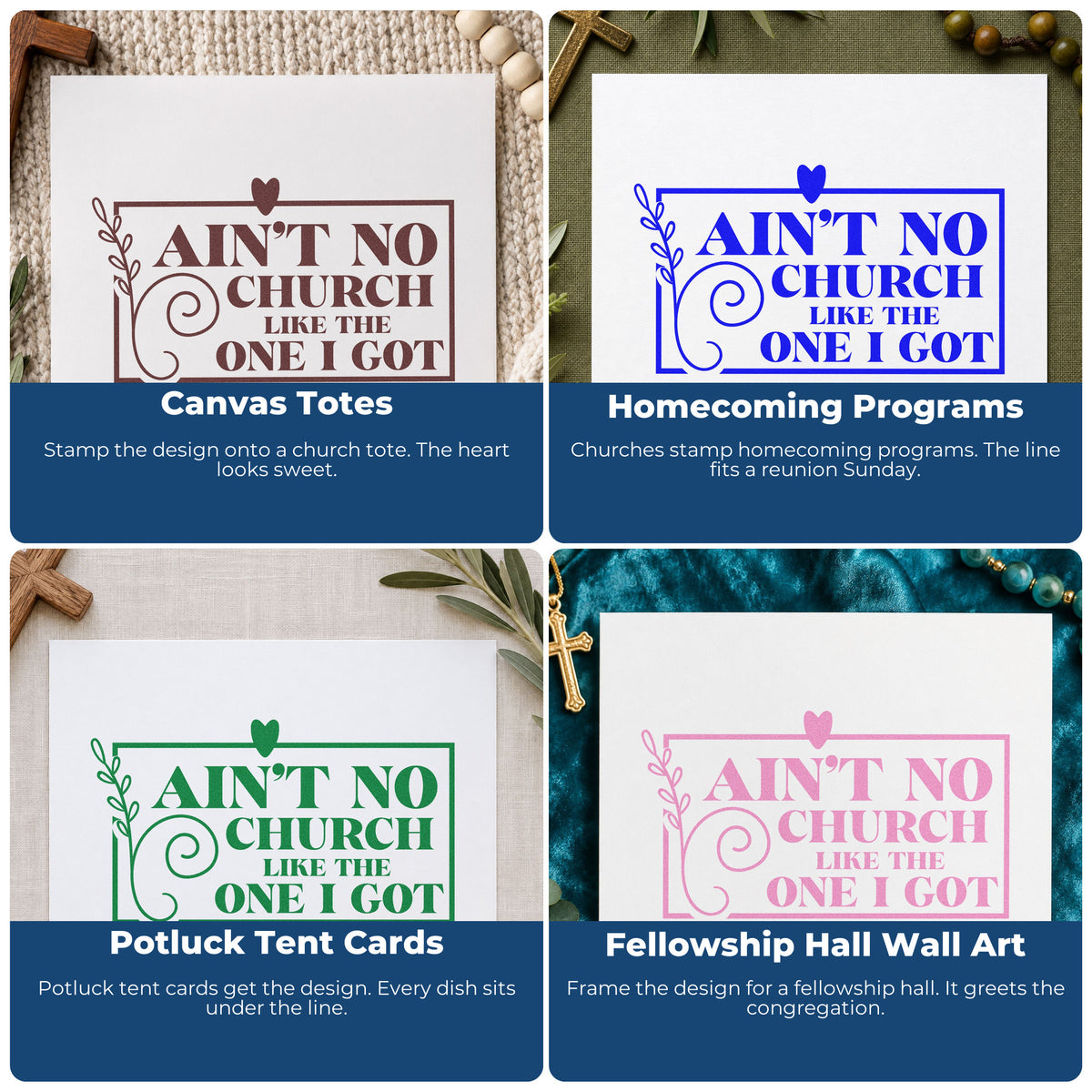 Four ways to use the Ain't No Church Like The One I Got Stamp - Premium Vintage Pro Wooden: canvas totes, homecoming programs, potluck tent cards and fellowship hall wall art.