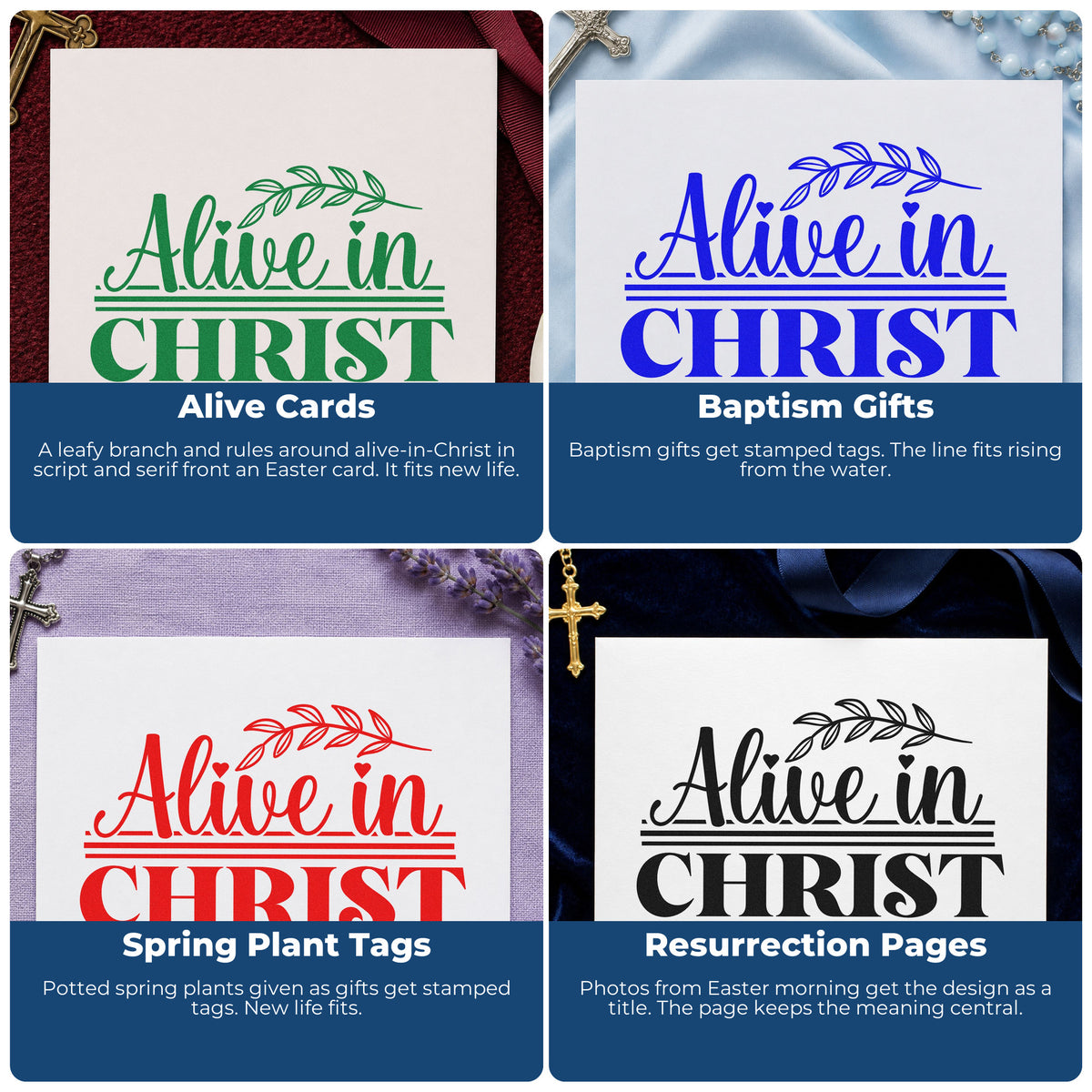 Four ways to use the Alive In Christ Duo Hand Stamp: alive cards, baptism gifts, spring plant tags and resurrection pages.