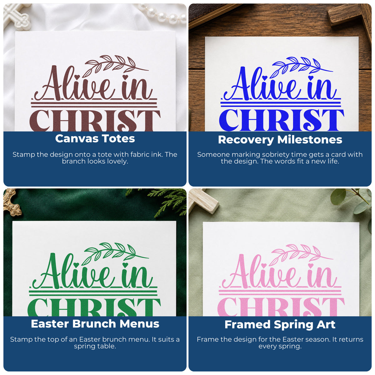 Four ways to use the Alive In Christ Rubber Stamp – Wood Handle: canvas totes, recovery milestones, easter brunch menus and framed spring art.