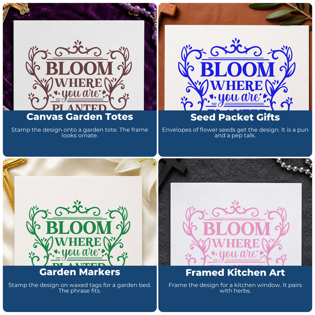 Four ways to use the Bloom Where Planted Ornamental Leaf Accents Pre-Inked Stamp – PSI: canvas garden totes, seed packet gifts, garden markers and framed kitchen art.
