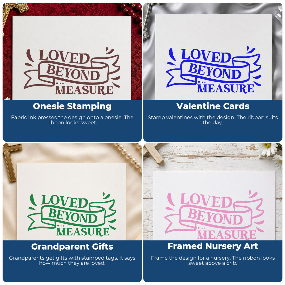 Four ways to use the Loved Beyond Measure Ribbon Word Art Hand Stamp – Duo: onesie stamping, valentine cards, grandparent gifts and framed nursery art.