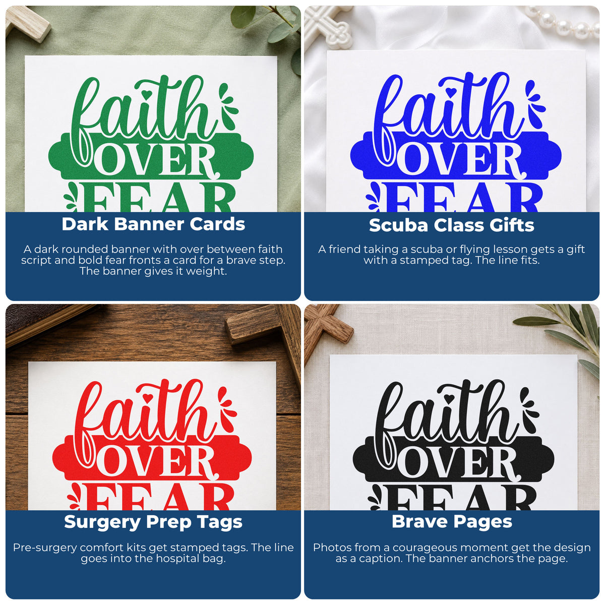 Four ways to use the Faith Over Fear Banner Script Lettering Pre-Inked Stamp – PSI: dark banner cards, scuba class gifts, surgery prep tags and brave pages.