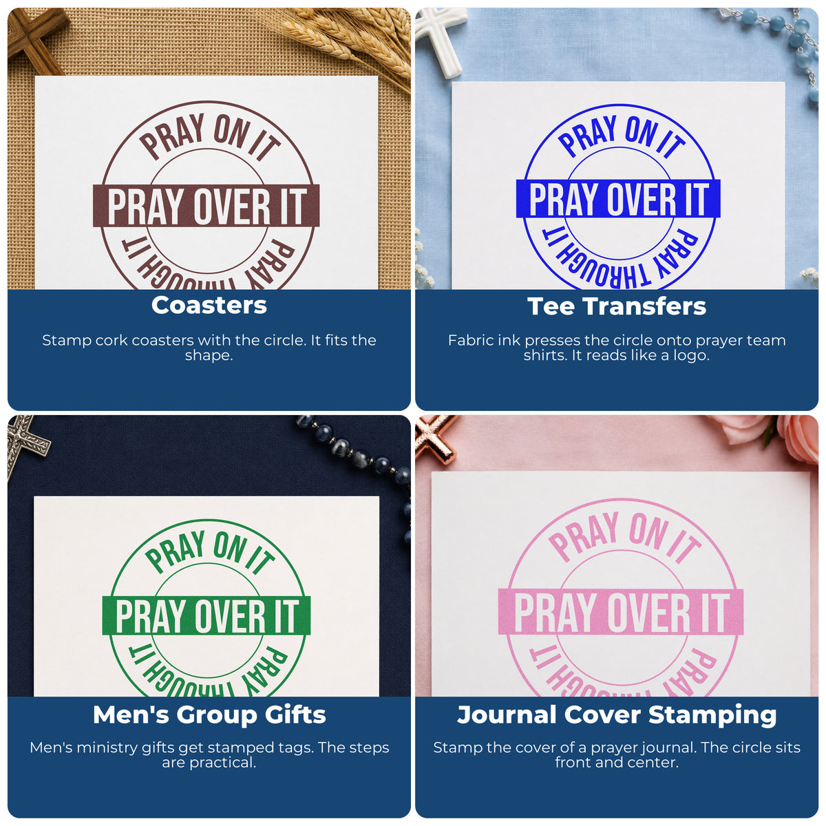 Four ways to use the Pray On Over Through Circle Pre-Inked Stamp – Slim: coasters, tee transfers, men's group gifts and journal cover stamping.