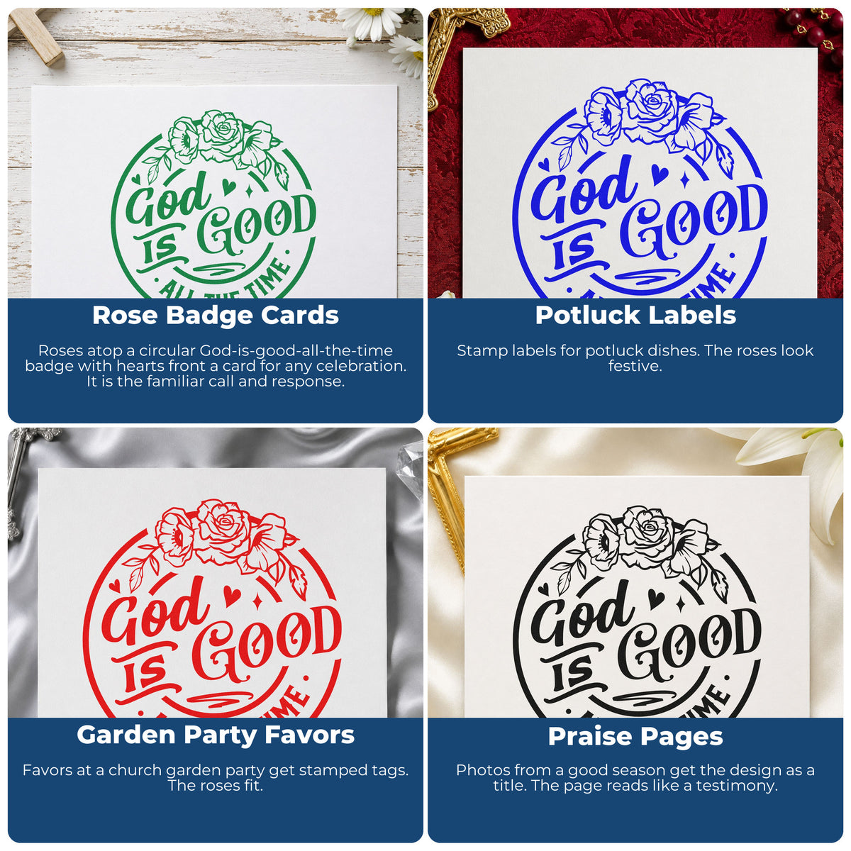 Four ways to use the God Is Good Floral Badge Wood Handle Stamp: rose badge cards, potluck labels, garden party favors and praise pages.