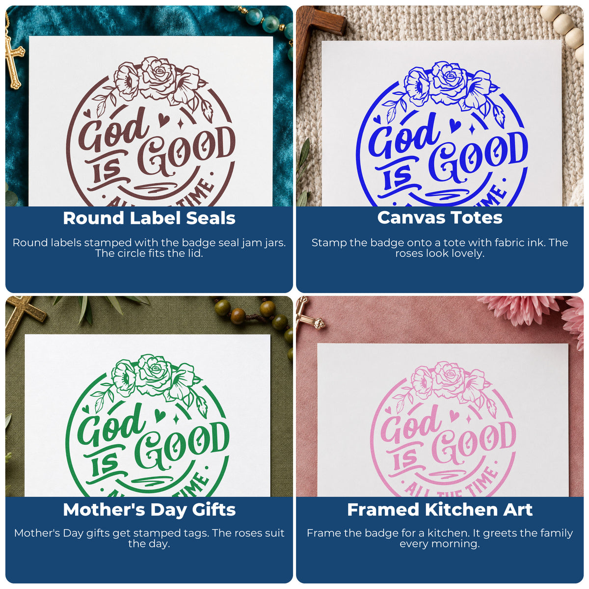 Four ways to use the God Is Good Floral Badge Stamp – PSI Pre-Inked: round label seals, canvas totes, mother's day gifts and framed kitchen art.