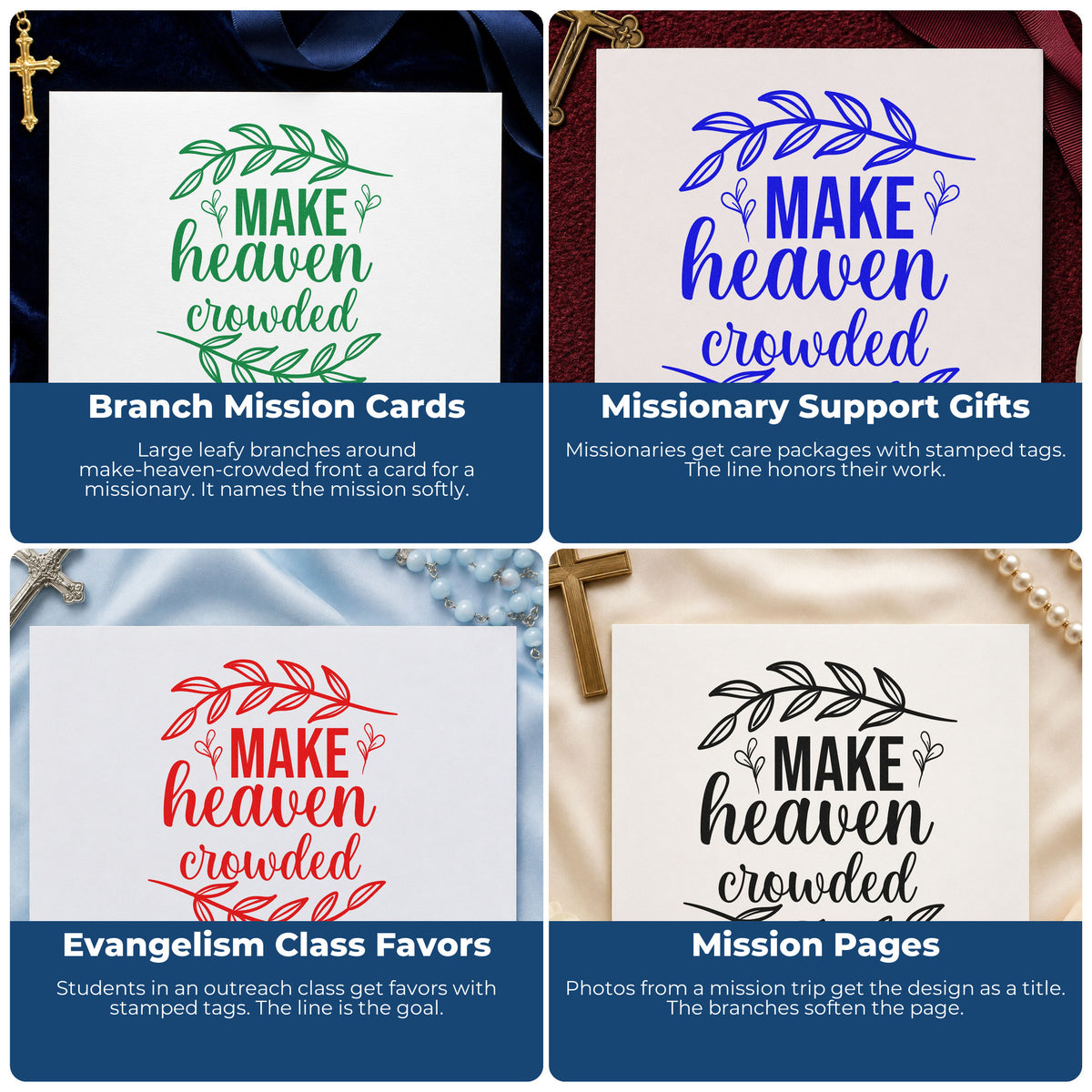 Four ways to use the Make Heaven Crowded Leaves Stamp – Slim Pre-Inked: branch mission cards, missionary support gifts, evangelism class favors and mission pages.
