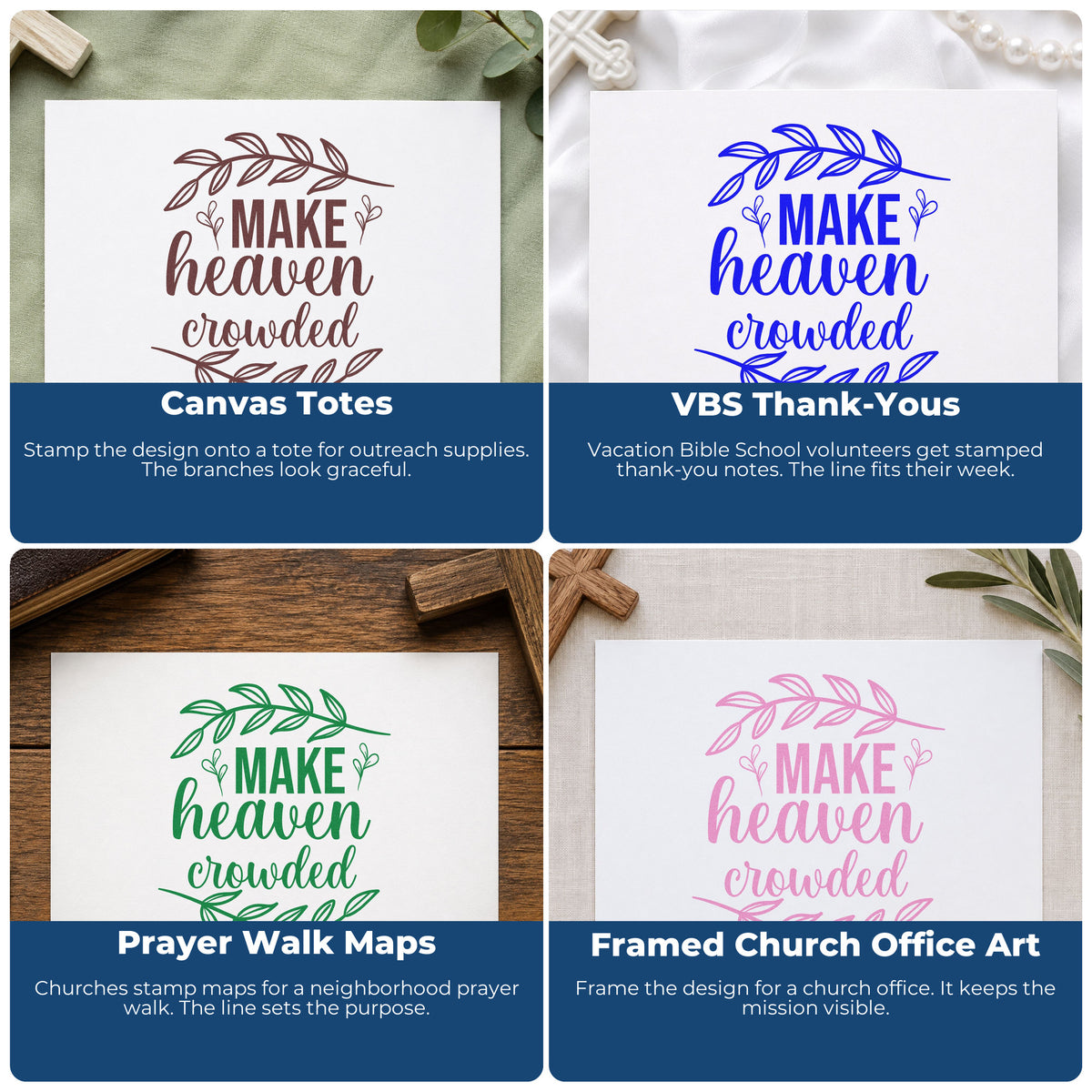 Four ways to use the Make Heaven Crowded Leaves Premium Wood-Mounted Stamp - Vintage Pro: canvas totes, vbs thank-yous, prayer walk maps and framed church office art.