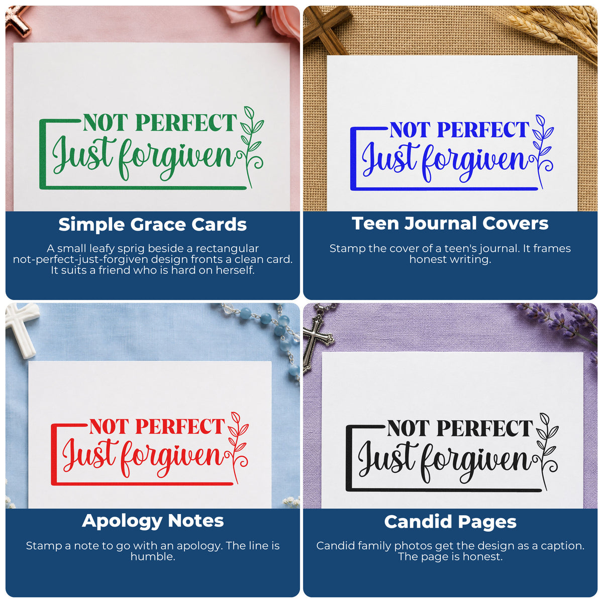 Four ways to use the Not Perfect Forgiven Leaf Framed Lettering Wood Handle Stamp: simple grace cards, teen journal covers, apology notes and candid pages.
