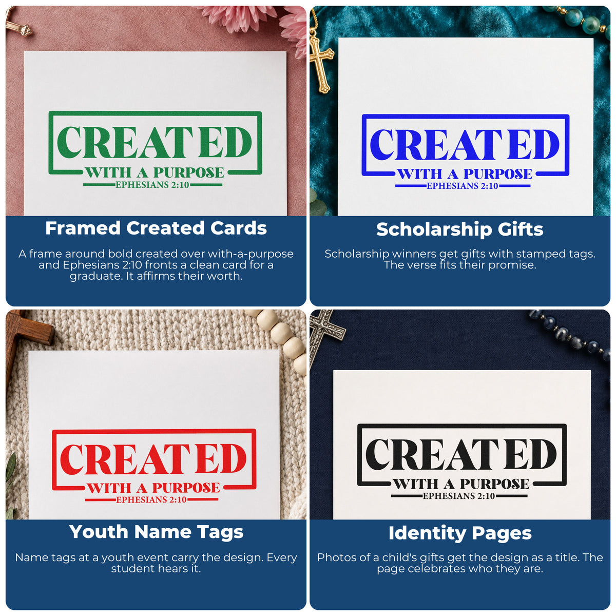 Four ways to use the Created With A Purpose Box Craft Stamp – Self-Inking: framed created cards, scholarship gifts, youth name tags and identity pages.