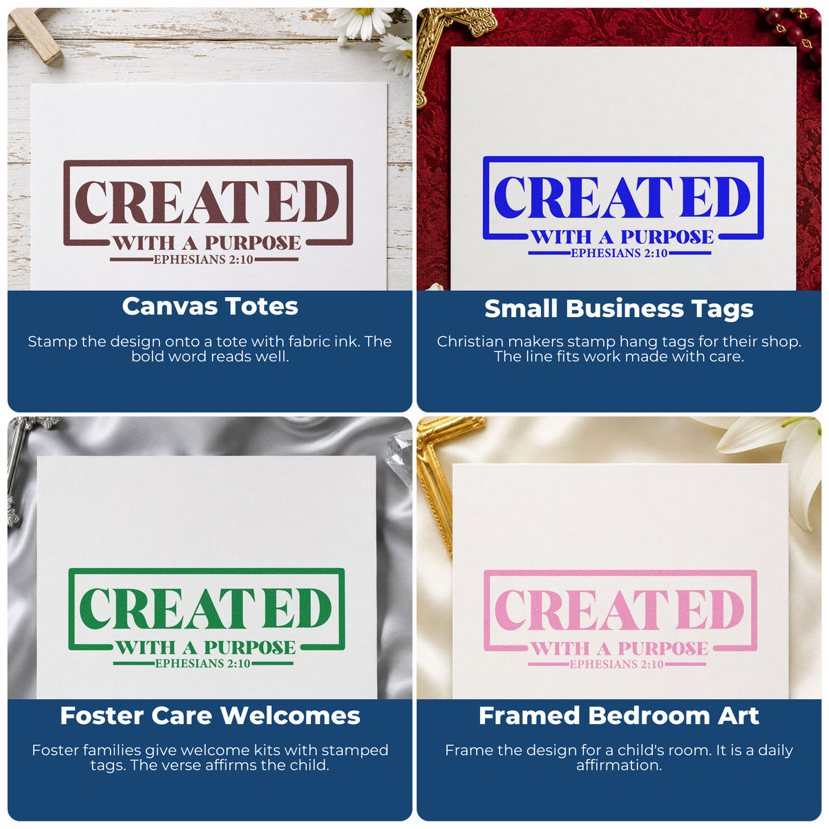 Four ways to use the Created With A Purpose Box Craft Stamp – Self-Inking: canvas totes, small business tags, foster care welcomes and framed bedroom art.