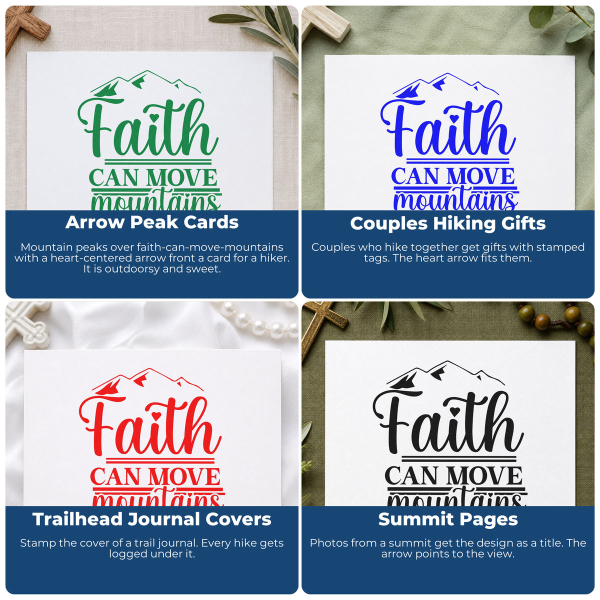 Four ways to use the Faith Moves Mountains Heart Arrow PSI Pre-Inked Stamp: arrow peak cards, couples hiking gifts, trailhead journal covers and summit pages.