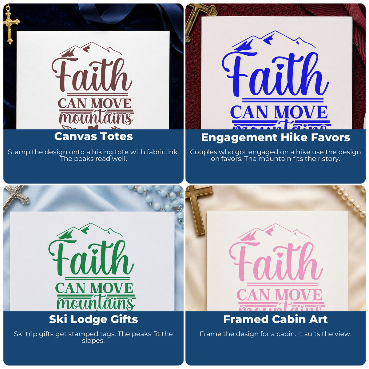 Four ways to use the Faith Moves Mountains Heart Arrow Premium Wooden Stamp - Vintage Pro: canvas totes, engagement hike favors, ski lodge gifts and framed cabin art.
