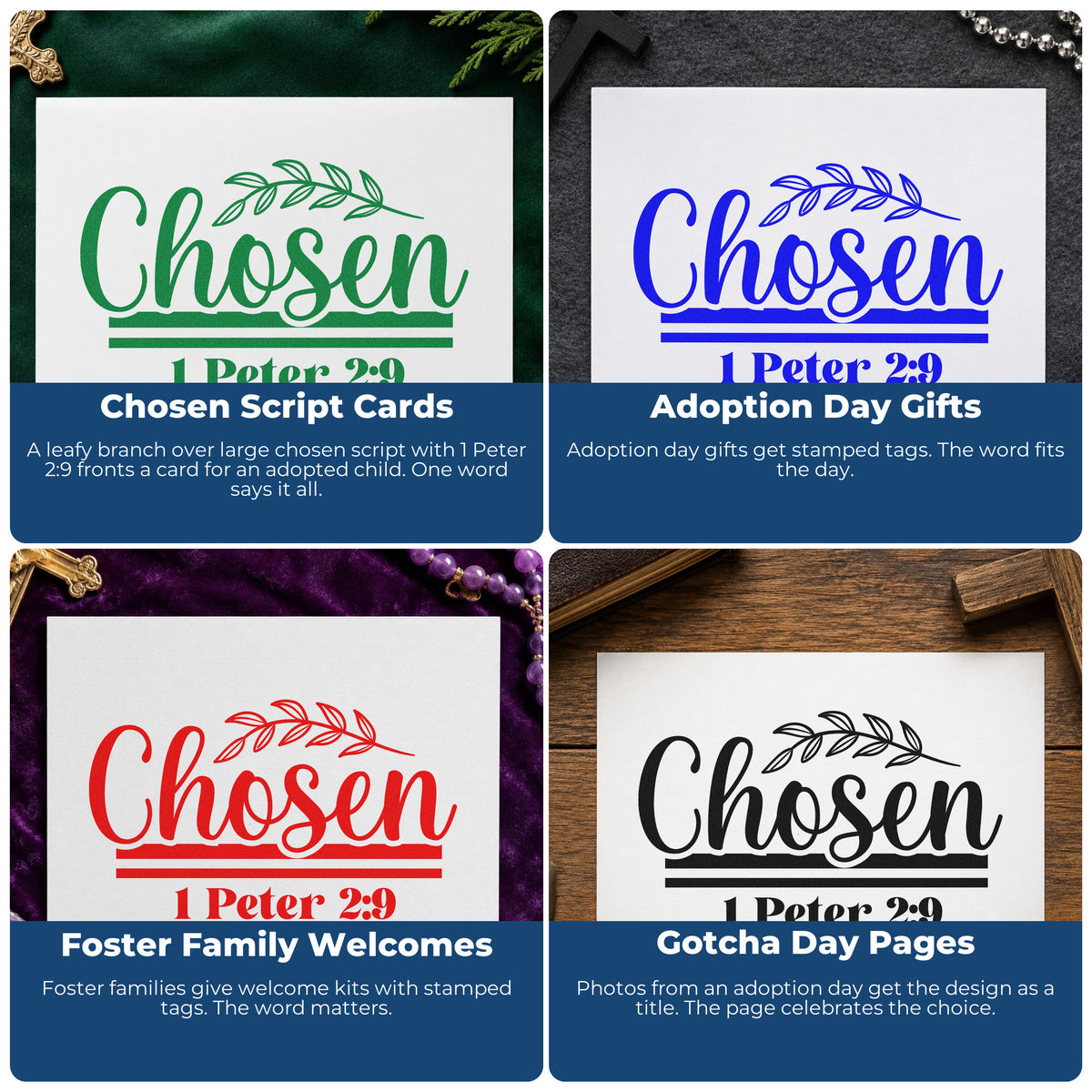 Four ways to use the Chosen Leaf Script Duo Hand Stamp: chosen script cards, adoption day gifts, foster family welcomes and gotcha day pages.