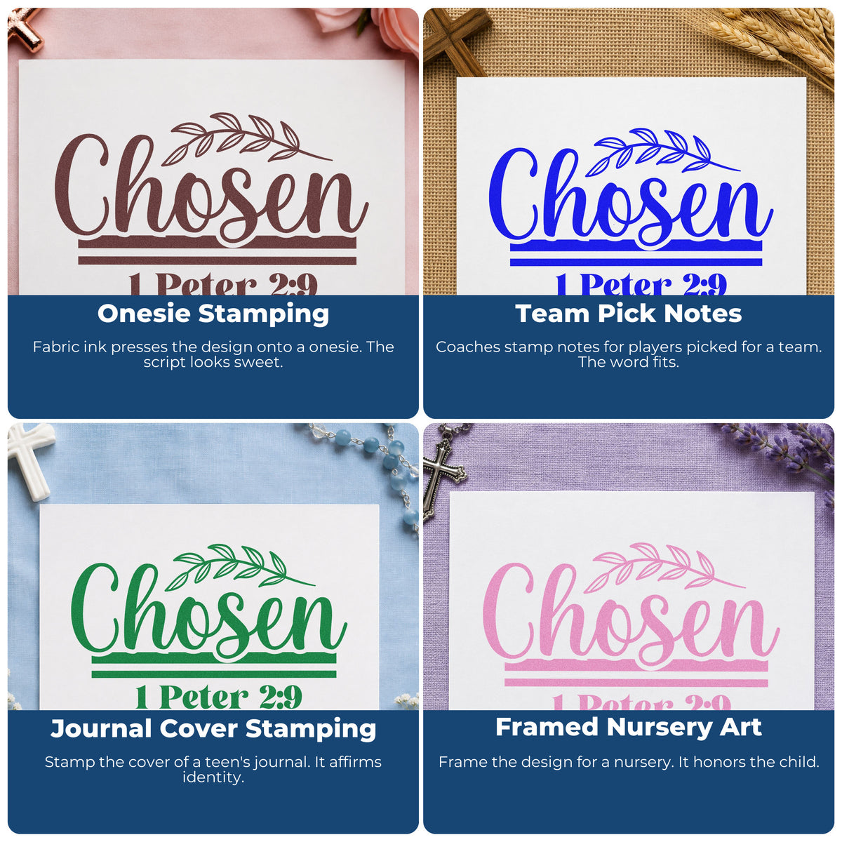 Four ways to use the Chosen Leaf Script Duo Hand Stamp: onesie stamping, team pick notes, journal cover stamping and framed nursery art.