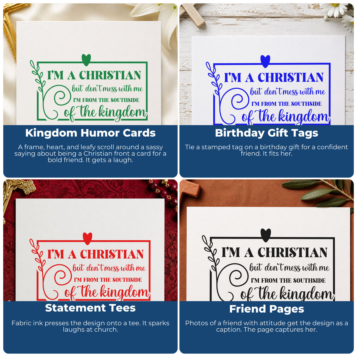Four ways to use the Christian Southside Leaf Framed Lettering Wood Handle Stamp: kingdom humor cards, birthday gift tags, statement tees and friend pages.