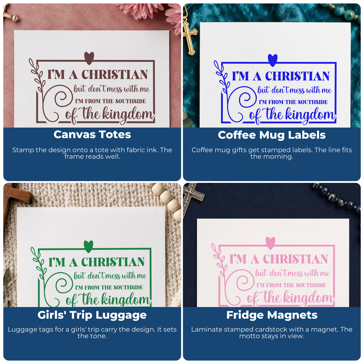Four ways to use the Christian Southside Leaf Framed Lettering Wood Handle Stamp: canvas totes, coffee mug labels, girls' trip luggage and fridge magnets.